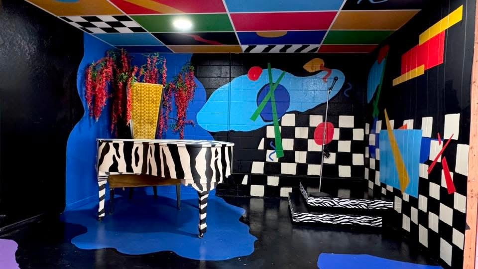 Zebra Piano Stage Rental | DFW Music Video & Photoshoot Studio